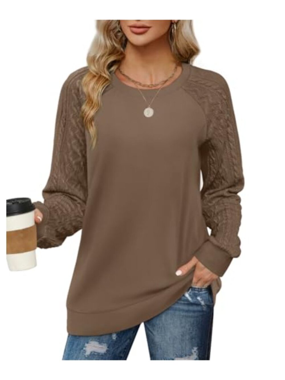 Cable Knit Sleeve Crewneck Sweatshirt Pullover Loose Fit Fall Winter